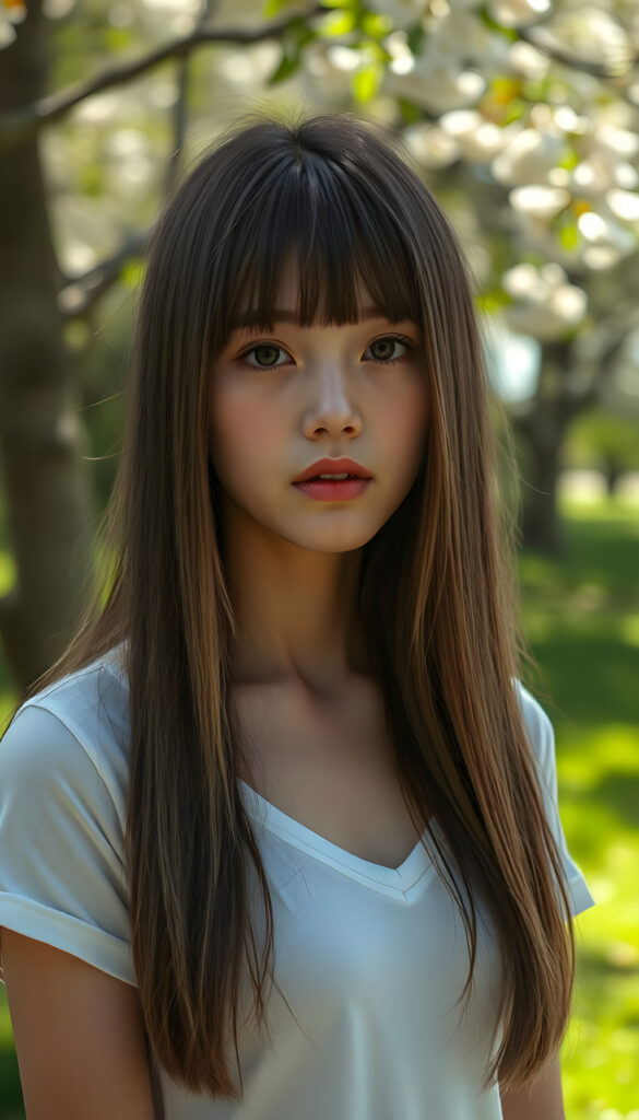 a ((portrait)) of (((cute))) (((elegant))) ((attractive)) (((long, straight hazelnut hair))) ((stunning)) a beautifully realistic, cinematic lights, exotic teen girl, bangs cut, realistic detailed angelic round face, ((realistic detailed hazelnut eye)) looks sadly at the camera, portrait shot, perfect curved body, (wears a super short tight (white t-shirt, deep v-neck) made on thin silk), perfect anatomy, ((all against a sunny green backdrop in a cherry blossom