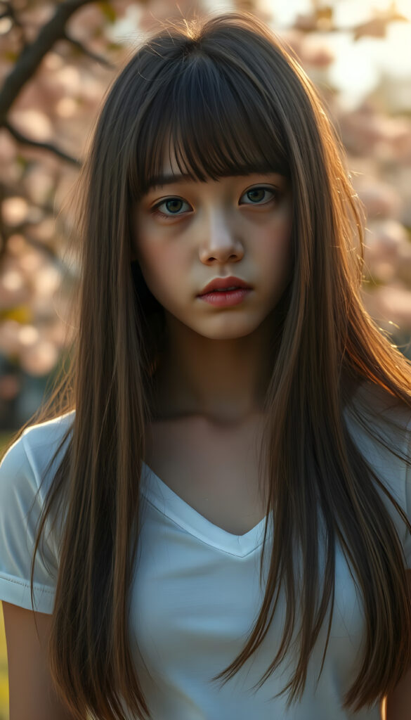 a ((portrait)) of (((cute))) (((elegant))) ((attractive)) (((long, straight hazelnut hair))) ((stunning)) a beautifully realistic, cinematic lights, exotic teen girl, bangs cut, realistic detailed angelic round face, ((realistic detailed hazelnut eye)) looks sadly at the camera, portrait shot, perfect curved body, (wears a super short tight (white t-shirt, deep v-neck) made on thin silk), perfect anatomy, ((all against a sunny green backdrop in a cherry blossom