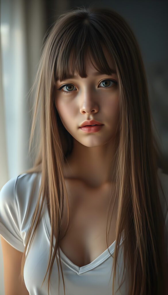 a ((portrait)) of (((cute))) (((elegant))) ((attractive)) (((long, straight hazelnut hair))) ((stunning)) a beautifully realistic, cinematic lights, exotic teen girl, bangs cut, realistic detailed angelic round face, ((realistic detailed hazelnut eye)) looks sadly at the camera, portrait shot, perfect curved body, (wears a super short tight (white t-shirt, deep v-neck) made on thin silk), perfect anatomy, cherry blossom