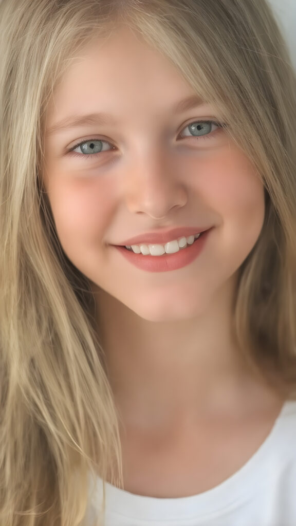 a portrait, a beautiful young girl with silky, straight golden soft hair, full plump red lips, perfect flawless skin. Warm light falls on her face, smile with open mouth and white teeth, light green eyes, thin white t-shirt
