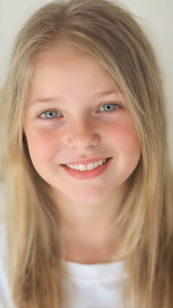 a portrait, a beautiful young girl with silky, straight golden soft hair, full plump red lips, perfect flawless skin. Warm light falls on her face, smile with open mouth and white teeth, light green eyes, thin white t-shirt