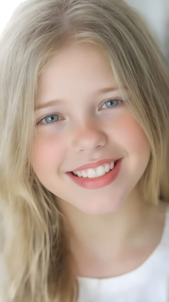 a portrait, a beautiful young girl with silky, straight golden soft hair, full plump red lips, perfect flawless skin. Warm light falls on her face, smile with open mouth and white teeth, light green eyes, thin white t-shirt
