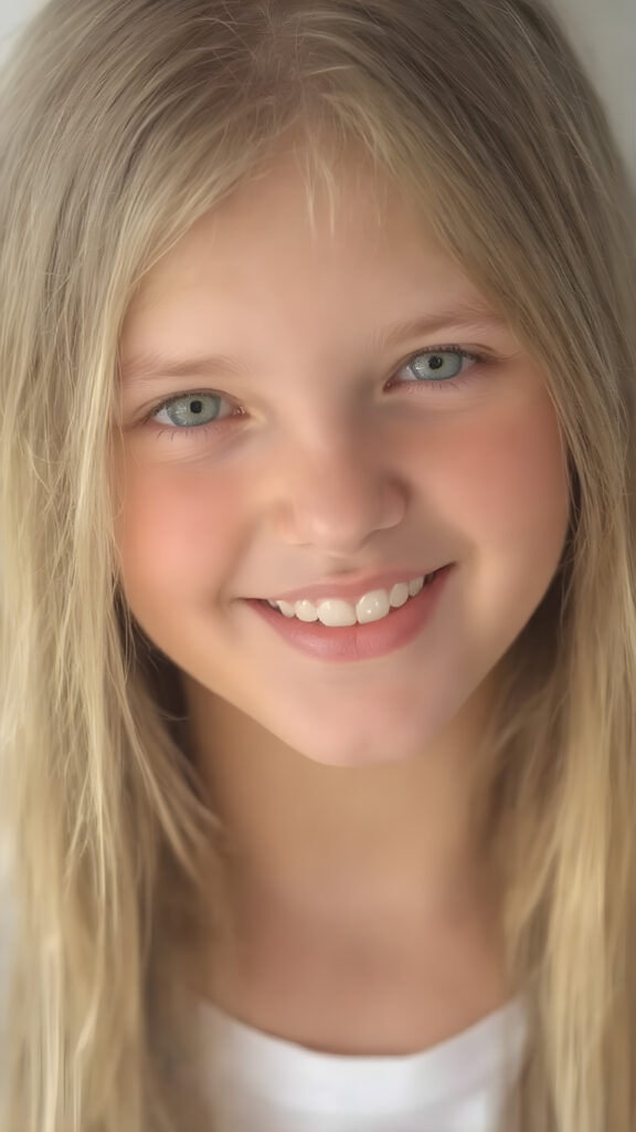 a portrait, a beautiful young girl with silky, straight golden soft hair, full plump red lips, perfect flawless skin. Warm light falls on her face, smile with open mouth and white teeth, light green eyes, thin white t-shirt