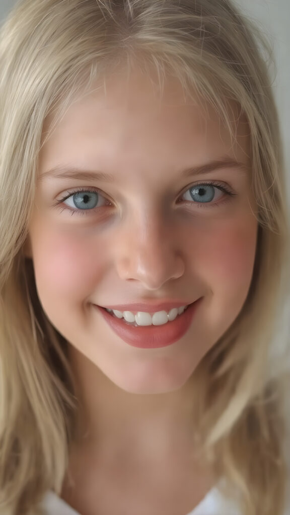 a portrait, a beautiful young girl with silky, straight golden soft hair, full plump red lips, perfect flawless skin. Warm light falls on her face, smile with open mouth and white teeth, light green eyes, thin white t-shirt