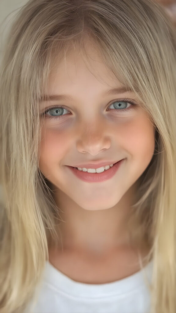 a portrait, a beautiful young girl with silky, straight golden soft hair, full plump red lips, perfect flawless skin. Warm light falls on her face, smile with open mouth and white teeth, light green eyes, thin white t-shirt