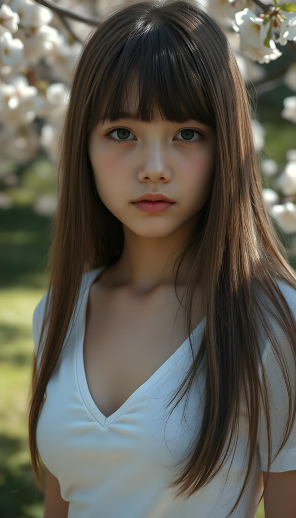 a ((portrait)) of (((cute))) (((elegant))) ((attractive)) (((long, straight hazelnut hair))) ((stunning)) a beautifully realistic, cinematic lights, exotic teen girl, bangs cut, realistic detailed angelic round face, ((realistic detailed hazelnut eye)) looks sadly at the camera, portrait shot, perfect curved body, (wears a super short tight (white t-shirt, deep v-neck) made on thin silk), perfect anatomy, ((all against a sunny green backdrop in a cherry blossom