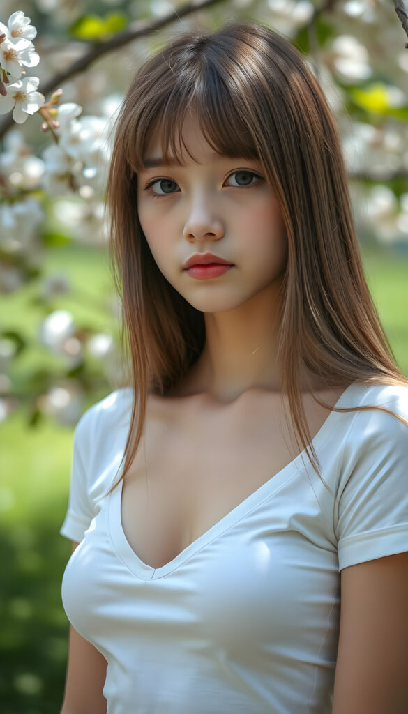 a ((portrait)) of (((cute))) (((elegant))) ((attractive)) (((long, straight hazelnut hair))) ((stunning)) a beautifully realistic, cinematic lights, exotic teen girl, bangs cut, realistic detailed angelic round face, ((realistic detailed hazelnut eye)) looks sadly at the camera, portrait shot, perfect curved body, (wears a super short tight (white t-shirt, deep v-neck) made on thin silk), perfect anatomy, ((all against a sunny green backdrop in a cherry blossom