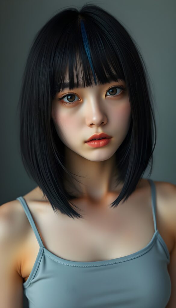 a portrait featuring a cute, melancholic emo girl with straight obsidian black straight hair and blue highlights, bangs and a perfect bob cut. Her piercing brown eyes are sparkling, round face, she wears a plain, thin, light grey, form-fitting cropped spaghetti tank top that emphasizes her delicate features. The background is a soft, muted grey.