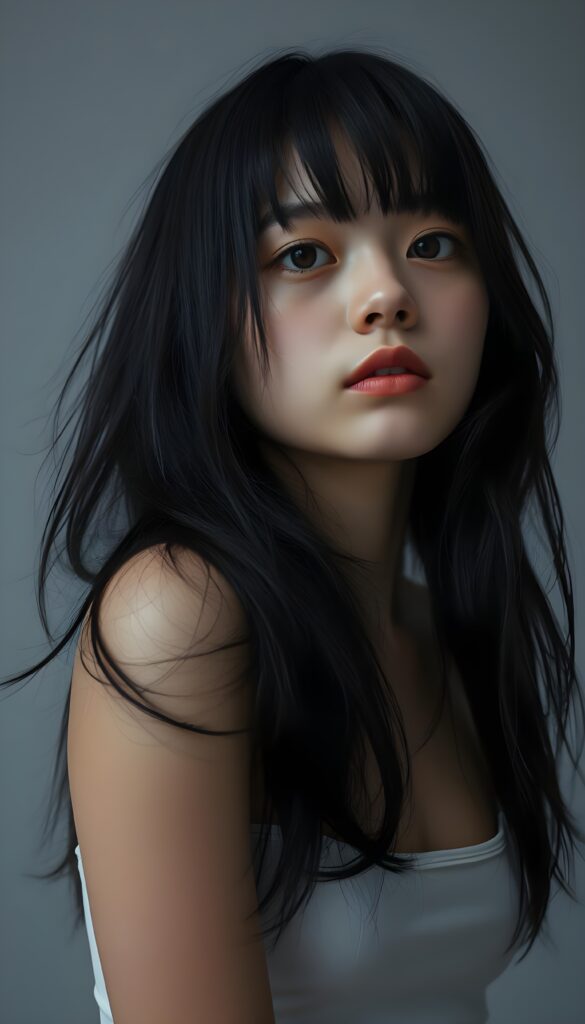 a portrait featuring a cute, melancholic teen emo girl with long obsidian black full open straight hair, bangs. Her piercing brown eyes are sparkling, round face, she wears a plain, thin, white, form-fitting cropped spaghetti tank top that emphasizes her delicate features. The background is a soft, muted grey. The composition highlights her emotional expression, with a low-angle perspective that draws the viewer's eye upward, enhancing the sense of vulnerability and introspection.