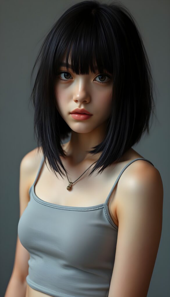 a portrait featuring a cute, melancholic emo girl with straight obsidian black straight hair and blue highlights, bangs and a perfect bob cut. Her piercing brown eyes are sparkling, round face, she wears a plain, thin, light grey, form-fitting cropped spaghetti tank top that emphasizes her delicate features. The background is a soft, muted grey.