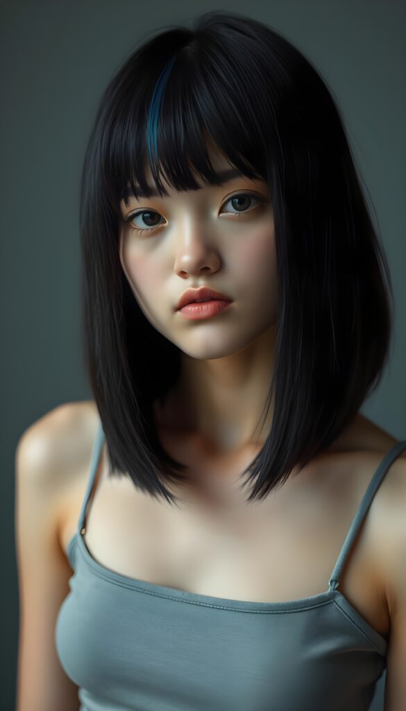 a portrait featuring a cute, melancholic emo girl with straight obsidian black straight hair and blue highlights, bangs and a perfect bob cut. Her piercing brown eyes are sparkling, round face, she wears a plain, thin, light grey, form-fitting cropped spaghetti tank top that emphasizes her delicate features. The background is a soft, muted grey.