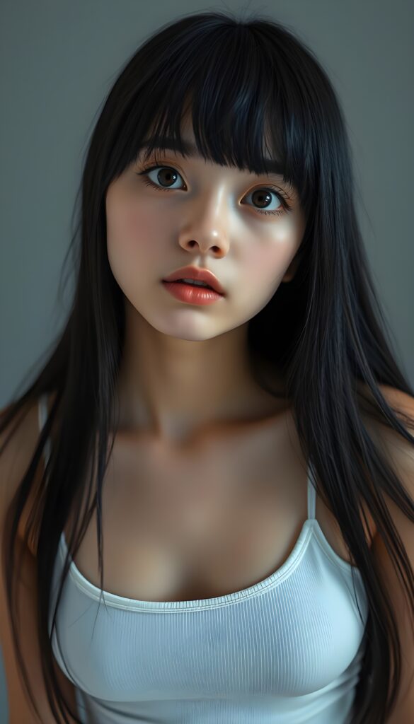 a portrait featuring a cute, melancholic teen emo girl with long obsidian black full open straight hair, bangs. Her piercing brown eyes are sparkling, round face, she wears a plain, thin, white, form-fitting cropped spaghetti tank top that emphasizes her delicate features. The background is a soft, muted grey. The composition highlights her emotional expression, with a low-angle perspective that draws the viewer's eye upward, enhancing the sense of vulnerability and introspection.