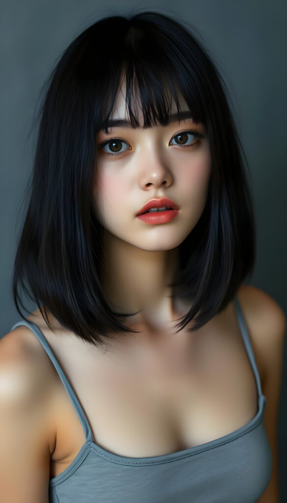 a portrait featuring a cute, melancholic emo girl with straight obsidian black straight hair and blue highlights, bangs and a perfect bob cut. Her piercing brown eyes are sparkling, round face, she wears a plain, thin, light grey, form-fitting cropped spaghetti tank top that emphasizes her delicate features. The background is a soft, muted grey.