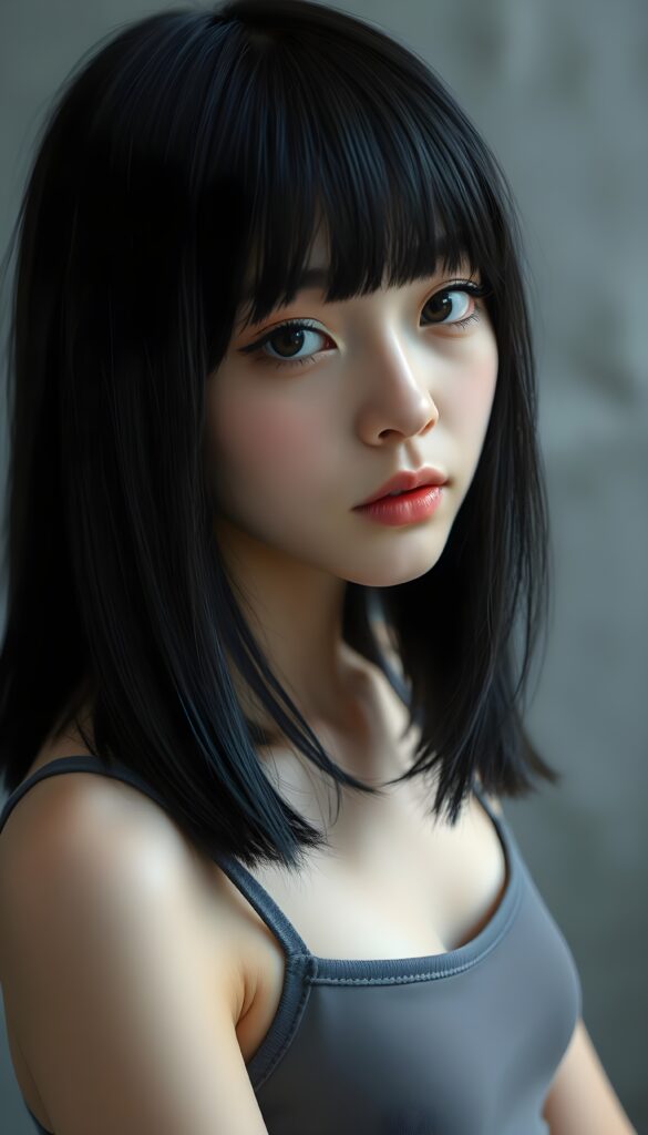 a portrait featuring a cute, melancholic emo girl with straight obsidian black straight hair and blue highlights, bangs and a perfect bob cut. Her piercing brown eyes are sparkling, round face, she wears a plain, thin, light grey, form-fitting cropped spaghetti tank top that emphasizes her delicate features. The background is a soft, muted grey.