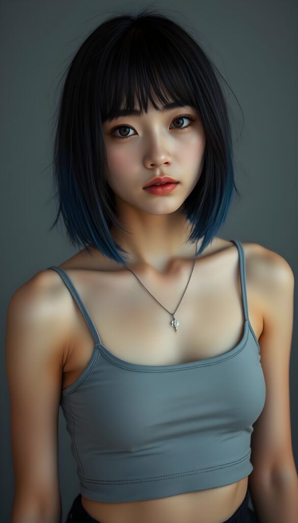 a portrait featuring a cute, melancholic emo girl with straight obsidian black straight hair and blue highlights, bangs and a perfect bob cut. Her piercing brown eyes are sparkling, round face, she wears a plain, thin, light grey, form-fitting cropped spaghetti tank top that emphasizes her delicate features. The background is a soft, muted grey.