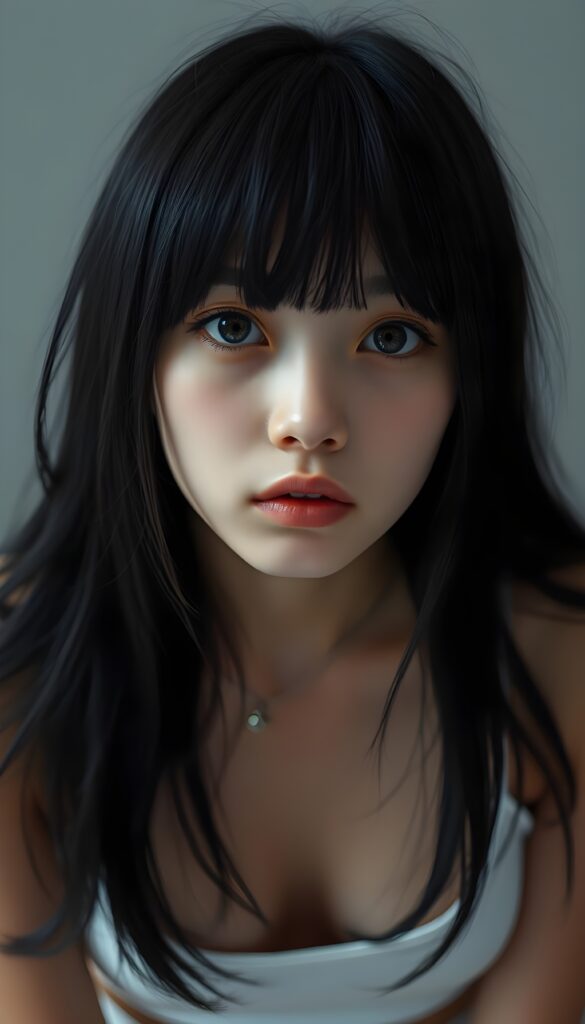 a portrait featuring a cute, melancholic teen emo girl with long obsidian black full open straight hair, bangs. Her piercing brown eyes are sparkling, round face, she wears a plain, thin, white, form-fitting cropped spaghetti tank top that emphasizes her delicate features. The background is a soft, muted grey. The composition highlights her emotional expression, with a low-angle perspective that draws the viewer's eye upward, enhancing the sense of vulnerability and introspection.