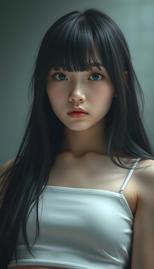 a portrait featuring a cute, melancholic teen emo girl with long obsidian black full open straight hair, bangs. Her piercing brown eyes are sparkling, round face, she wears a plain, thin, white, form-fitting cropped spaghetti tank top that emphasizes her delicate features. The background is a soft, muted grey. The composition highlights her emotional expression, with a low-angle perspective that draws the viewer's eye upward, enhancing the sense of vulnerability and introspection.