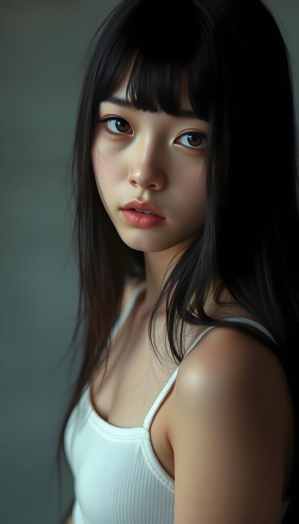 a portrait featuring a cute, melancholic teen emo girl with long obsidian black full open straight hair, bangs. Her piercing brown eyes are sparkling, round face, she wears a plain, thin, white, form-fitting cropped spaghetti tank top that emphasizes her delicate features. The background is a soft, muted grey. The composition highlights her emotional expression, with a low-angle perspective that draws the viewer's eye upward, enhancing the sense of vulnerability and introspection.