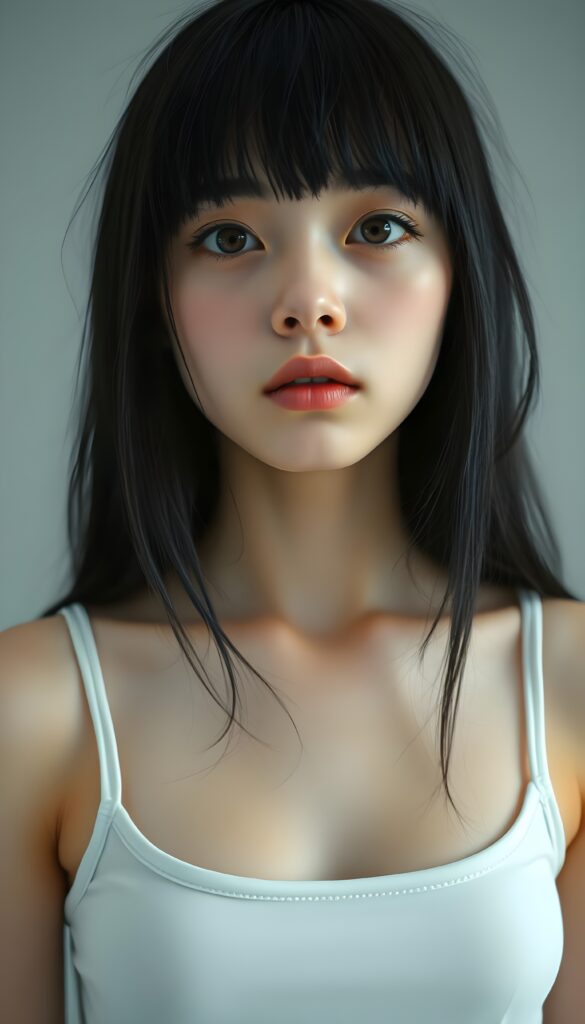 a portrait featuring a cute, melancholic teen emo girl with long obsidian black full open straight hair, bangs. Her piercing brown eyes are sparkling, round face, she wears a plain, thin, white, form-fitting cropped spaghetti tank top that emphasizes her delicate features. The background is a soft, muted grey. The composition highlights her emotional expression, with a low-angle perspective that draws the viewer's eye upward, enhancing the sense of vulnerability and introspection.