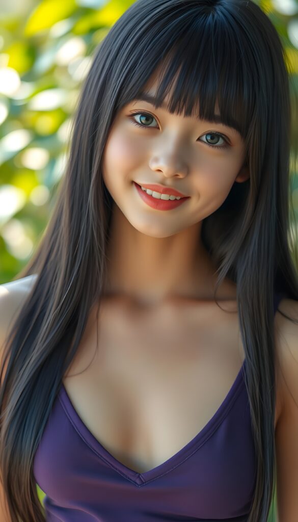 a portrait of a young super cute girl with (silky smooth, straight long dark blue obsidian soft detailed hair, bangs). Her very long hair falls over her shoulders and covers her upper body. She has sparkling, light blue eyes and a charming smile white teeth, full kissable lips, (she wears a tight, form-fitting short violet empty tank top with deep v-neck), all against a sunny green backdrop
