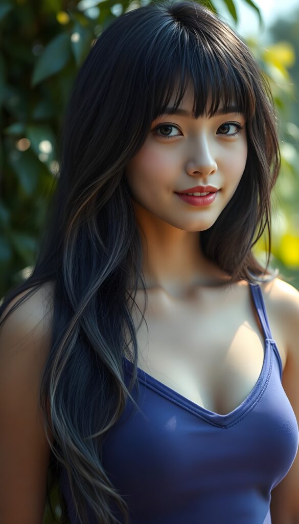 a portrait of a young super cute girl with (realistic silky smooth, straight long dark blue obsidian soft detailed hair and light brown highlights, bangs). Her hair cascades like liquid silver over her entire upper body. She has sparkling, light blue eyes and a charming smile white teeth, full kissable lips, (she wears a tight, form-fitting short violet empty tank top with deep v-neck), all against a sunny green backdrop. Side view; her head is tilted slightly to one side.