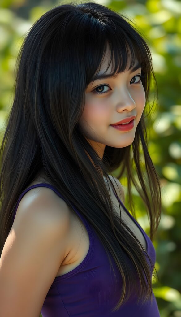 a portrait of a young super cute girl with (realistic silky smooth, straight long dark blue obsidian soft detailed hair and light brown highlights, bangs). Her hair cascades like liquid silver over her entire upper body. She has sparkling, light blue eyes and a charming smile white teeth, full kissable lips, (she wears a tight, form-fitting short violet empty tank top with deep v-neck), all against a sunny green backdrop. Side view; her head is tilted slightly to one side.