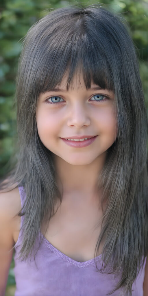 a portrait of a young chubby girl with ((silky smooth, straight long dark blue obsidian soft detailed hair, bangs)). Her very long hair falls over her shoulders and covers her upper body. She has sparkling, light blue eyes and a charming smile white teeth, full kissable lips, ((she wears a tight, form-fitting short violet empty tank top with deep v-neck)), all against a sunny green backdrop