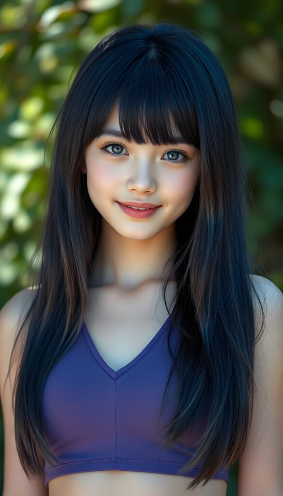 a portrait of a young super cute girl with (silky smooth, straight long dark blue obsidian soft detailed hair, bangs). Her very long hair falls over her shoulders and covers her upper body. She has sparkling, light blue eyes and a charming smile white teeth, full kissable lips, (she wears a tight, form-fitting short violet empty tank top with deep v-neck), all against a sunny green backdrop