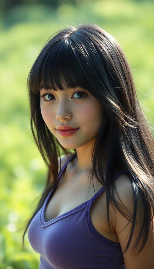 a portrait of a young super cute girl with (realistic silky smooth, straight long dark blue obsidian soft detailed hair and light brown highlights, bangs). Her hair cascades like liquid silver over her entire upper body. She has sparkling, light blue eyes and a charming smile white teeth, full kissable lips, (she wears a tight, form-fitting short violet empty tank top with deep v-neck), all against a sunny green backdrop. Side view; her head is tilted slightly to one side.