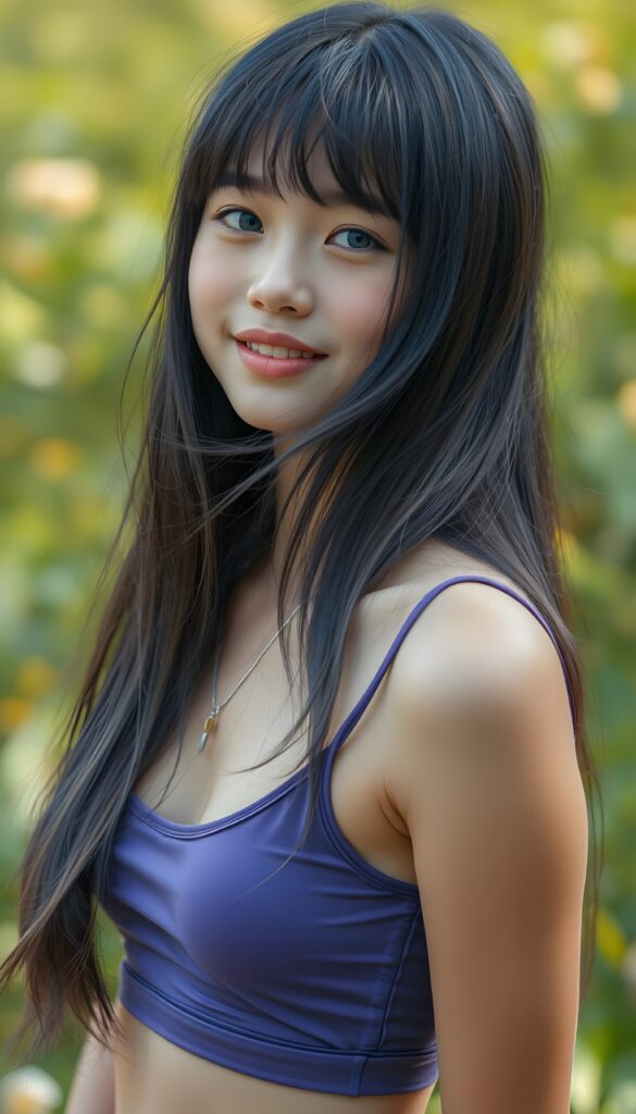 a portrait of a young super cute girl with (realistic silky smooth, straight long dark blue obsidian soft detailed hair and light brown highlights, bangs). Her hair cascades like liquid silver over her entire upper body. She has sparkling, light blue eyes and a charming smile white teeth, full kissable lips, (she wears a tight, form-fitting short violet empty tank top with deep v-neck), all against a sunny green backdrop. Side view; her head is tilted slightly to one side.