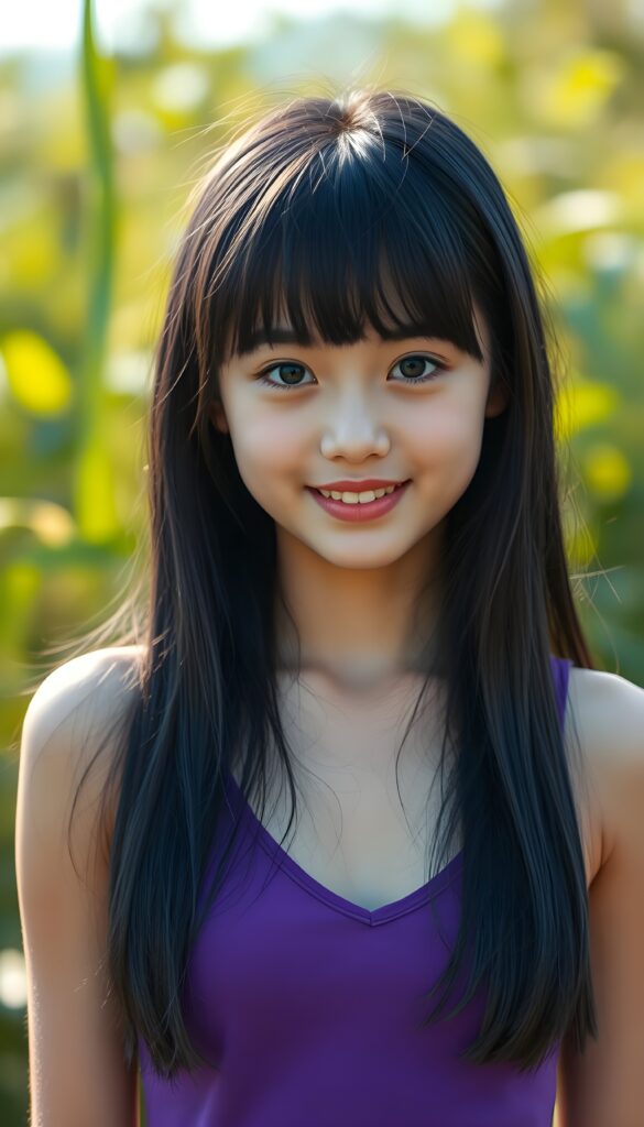 a portrait of a young super cute girl with (silky smooth, straight long dark blue obsidian soft detailed hair, bangs). Her very long hair falls over her shoulders and covers her upper body. She has sparkling, light blue eyes and a charming smile white teeth, full kissable lips, (she wears a tight, form-fitting short violet empty tank top with deep v-neck), all against a sunny green backdrop