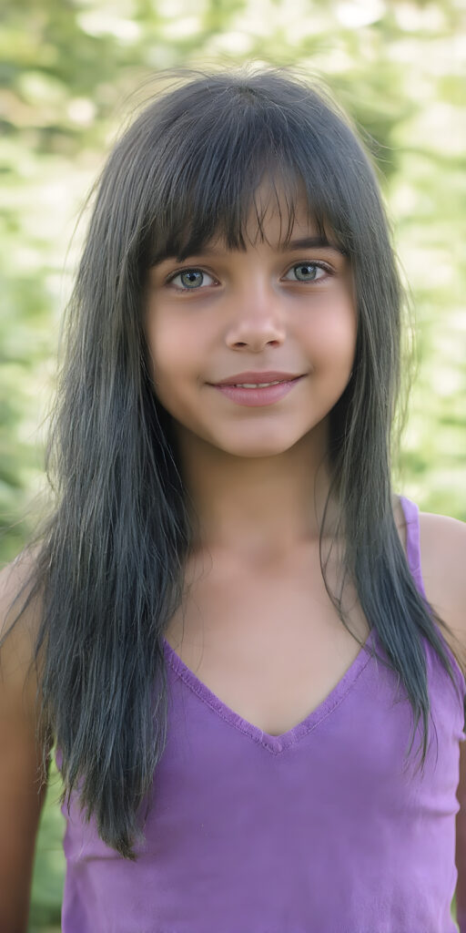 a portrait of a young chubby girl with ((silky smooth, straight long dark blue obsidian soft detailed hair, bangs)). Her very long hair falls over her shoulders and covers her upper body. She has sparkling, light blue eyes and a charming smile white teeth, full kissable lips, ((she wears a tight, form-fitting short violet empty tank top with deep v-neck)), all against a sunny green backdrop