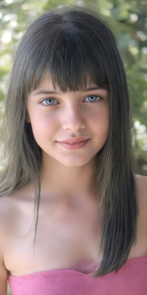 a portrait of a young chubby girl with ((silky smooth, straight long dark blue obsidian soft detailed hair, bangs)). Her very long hair falls over her shoulders and covers her upper body. She has sparkling, light blue eyes and a charming smile white teeth, full kissable lips, ((she wears a tight, form-fitting short violet empty tank top with deep v-neck)), all against a sunny green backdrop