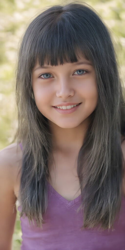a portrait of a young chubby girl with ((silky smooth, straight long dark blue obsidian soft detailed hair, bangs)). Her very long hair falls over her shoulders and covers her upper body. She has sparkling, light blue eyes and a charming smile white teeth, full kissable lips, ((she wears a tight, form-fitting short violet empty tank top with deep v-neck)), all against a sunny green backdrop