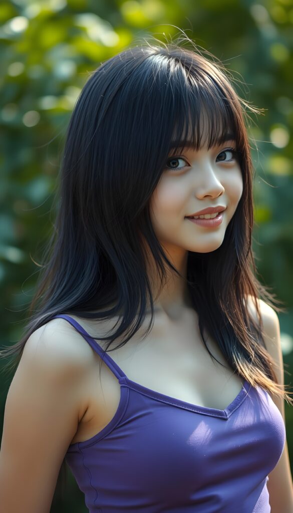 a portrait of a young super cute girl with (realistic silky smooth, straight long dark blue obsidian soft detailed hair and light brown highlights, bangs). Her hair cascades like liquid silver over her entire upper body. She has sparkling, light blue eyes and a charming smile white teeth, full kissable lips, (she wears a tight, form-fitting short violet empty tank top with deep v-neck), all against a sunny green backdrop. Side view; her head is tilted slightly to one side.