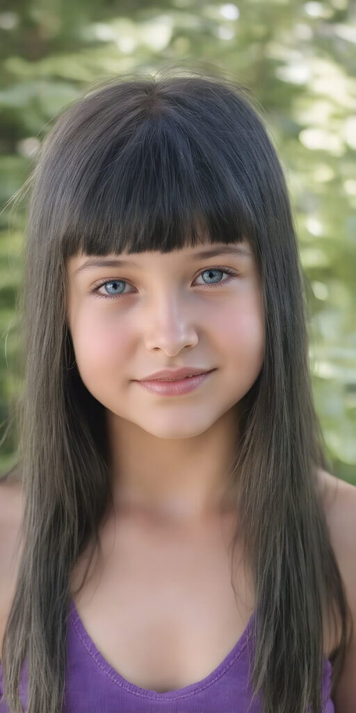 a portrait of a young chubby girl with ((silky smooth, straight long dark blue obsidian soft detailed hair, bangs)). Her very long hair falls over her shoulders and covers her upper body. She has sparkling, light blue eyes and a charming smile white teeth, full kissable lips, ((she wears a tight, form-fitting short violet empty tank top with deep v-neck)), all against a sunny green backdrop
