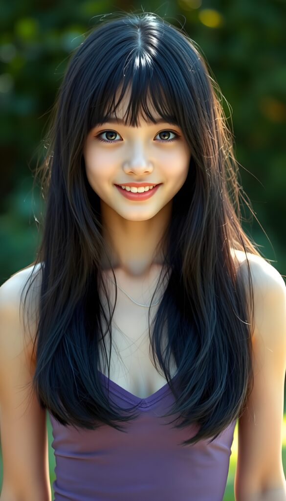 a portrait of a young super cute girl with (silky smooth, straight long dark blue obsidian soft detailed hair, bangs). Her very long hair falls over her shoulders and covers her upper body. She has sparkling, light blue eyes and a charming smile white teeth, full kissable lips, (she wears a tight, form-fitting short violet empty tank top with deep v-neck), all against a sunny green backdrop