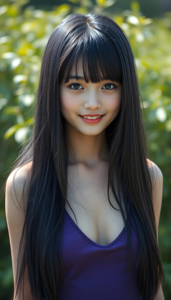 a portrait of a young super cute girl with (silky smooth, straight long dark blue obsidian soft detailed hair, bangs). Her very long hair falls over her shoulders and covers her upper body. She has sparkling, light blue eyes and a charming smile white teeth, full kissable lips, (she wears a tight, form-fitting short violet empty tank top with deep v-neck), all against a sunny green backdrop
