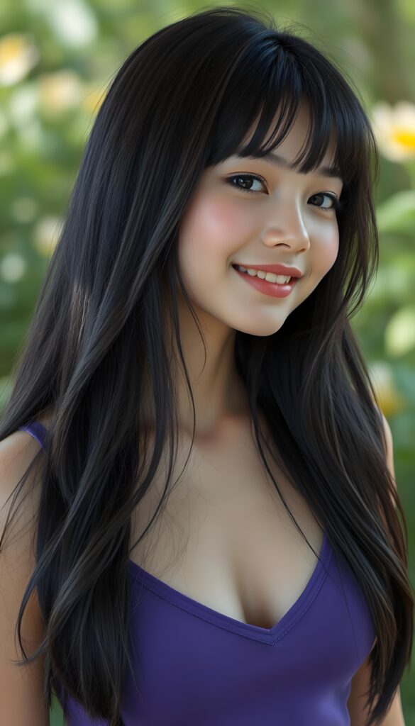 a portrait of a young super cute girl with (realistic silky smooth, straight long dark blue obsidian soft detailed hair and light brown highlights, bangs). Her hair cascades like liquid silver over her entire upper body. She has sparkling, light blue eyes and a charming smile white teeth, full kissable lips, (she wears a tight, form-fitting short violet empty tank top with deep v-neck), all against a sunny green backdrop. Side view; her head is tilted slightly to one side.