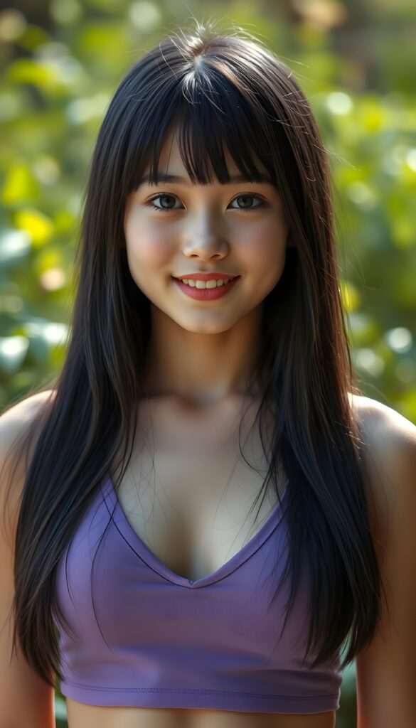 a portrait of a young super cute girl with (silky smooth, straight long dark blue obsidian soft detailed hair, bangs). Her very long hair falls over her shoulders and covers her upper body. She has sparkling, light blue eyes and a charming smile white teeth, full kissable lips, (she wears a tight, form-fitting short violet empty tank top with deep v-neck), all against a sunny green backdrop