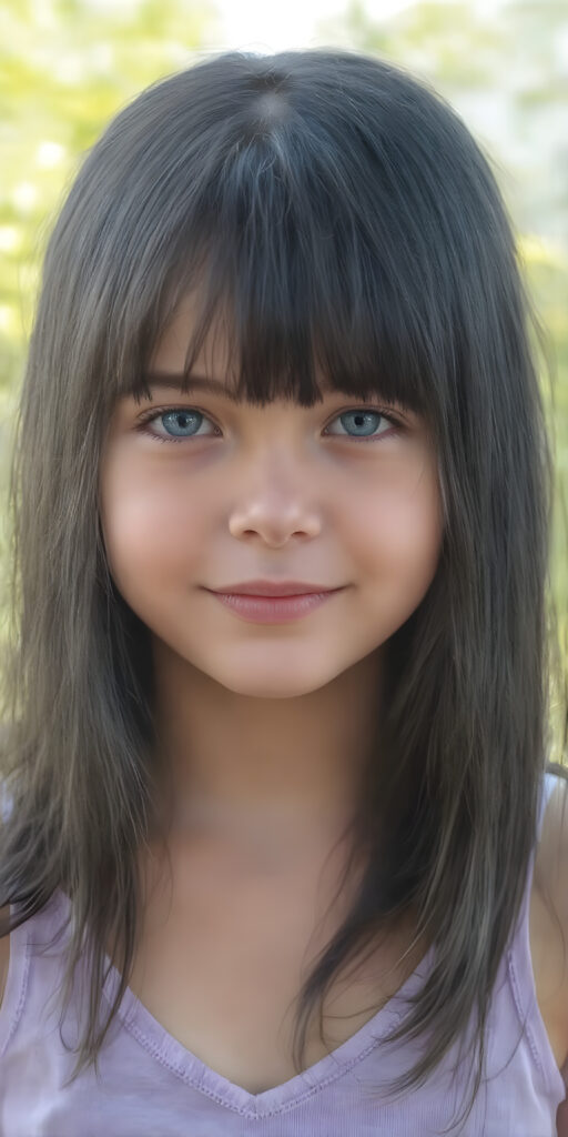 a portrait of a young chubby girl with ((silky smooth, straight long dark blue obsidian soft detailed hair, bangs)). Her very long hair falls over her shoulders and covers her upper body. She has sparkling, light blue eyes and a charming smile white teeth, full kissable lips, ((she wears a tight, form-fitting short violet empty tank top with deep v-neck)), all against a sunny green backdrop
