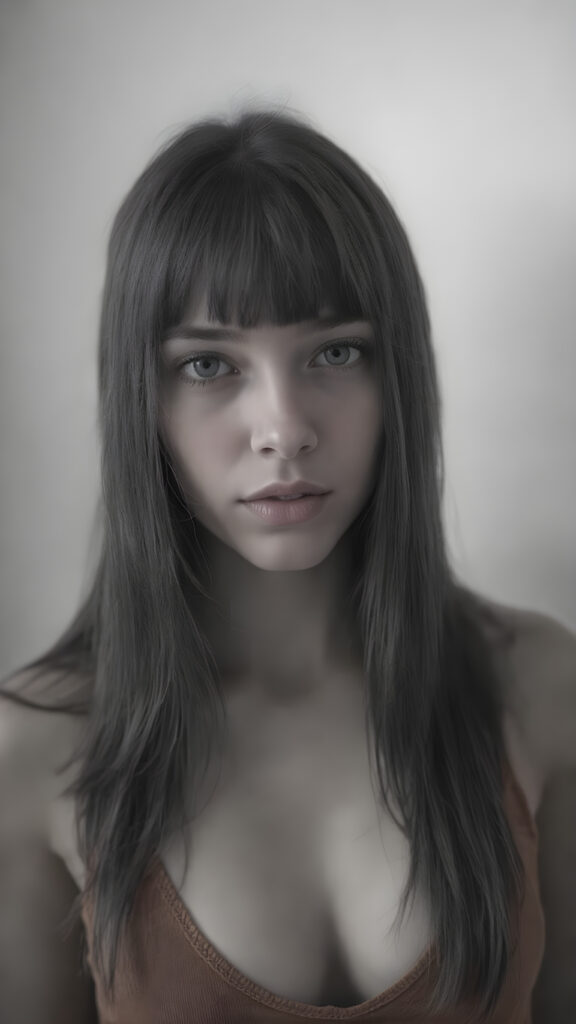 a (((professional black and white photograph))) featuring a gorgeous, young, slim, petite, and curvaceous silver skinned Emo girl with long and perfectly straight black hair and bangs, full lips, and with a serene expression. Her attire is a ((short cropped amber tank top, deep v-neck)), the photo captures her full face, with the focus on her eyes and innocent look that complements the advanced lighting and ultra realistic skin textures that make this photo truly breathtaking