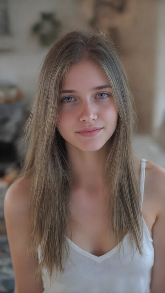 a (((professional photograph))) depicting a beautiful, cute, innocent and shy ((young teen girl))) with straight soft long brown hair, perfect realistic detailed angelic round face, upper-body, (((perfect curved and toned thighs))), white tank top, deep v-neck, ((highly detailed, high resolution, full quality image)), that exudes a sense of pure perfection. Her smile is bright and natural looking. The background is a cozy, warm and inviting living room. The soft light in the room highlights her perfect skin and the contrast between her delicate soft white tank top and match perfectly with her outfit.