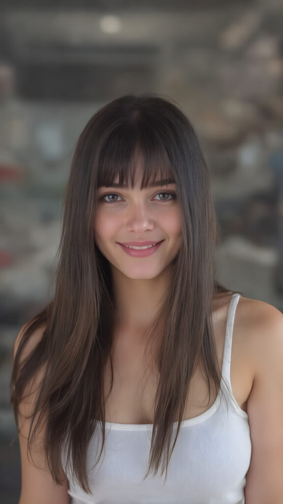 a (((professional photograph))) featuring a gorgeous, young, slim, petite, and curvaceous girl with long and perfectly straight black hair, full lips, and (((smiling into the camera))) with a serene expression. Her attire is a ((white short tank top)) and ((skin tight jeans)), emphasizing her perfectly straight and perfectly smooth brown hair, which is the subject of the picture. The photo captures her full face, with the focus on her eyes gives a 70mm wide shot, capturing a youthful and innocent look that complements the advanced lighting and ultra realistic skin textures that make this photo truly breathtaking