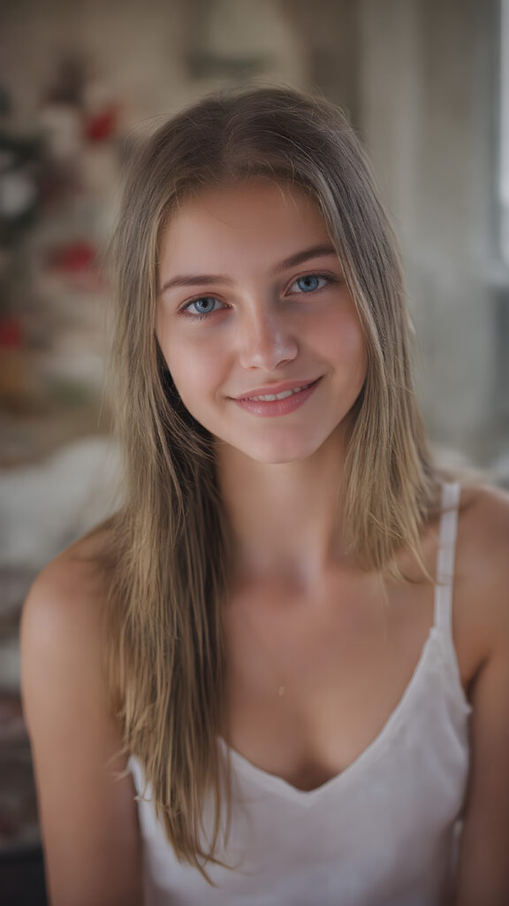 a (((professional photograph))) depicting a beautiful, cute, innocent and shy ((young teen girl))) with straight soft long brown hair, perfect realistic detailed angelic round face, upper-body, (((perfect curved and toned thighs))), white tank top, deep v-neck, ((highly detailed, high resolution, full quality image)), that exudes a sense of pure perfection. Her smile is bright and natural looking. The background is a cozy, warm and inviting living room. The soft light in the room highlights her perfect skin and the contrast between her delicate soft white tank top and match perfectly with her outfit.