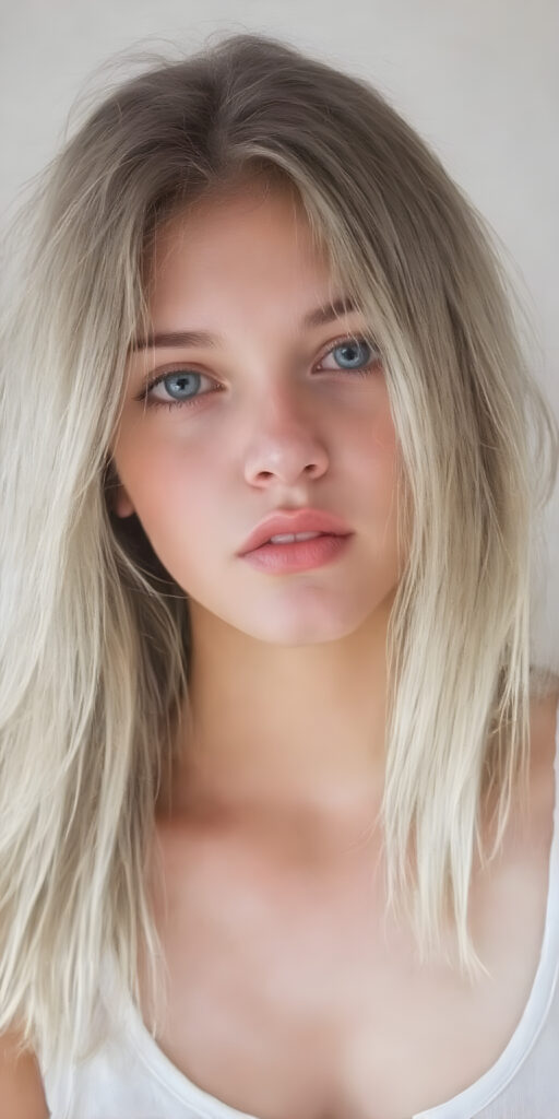 a (((professional ultra high resolution hand drawing))) capturing a (((vividly drawn natural teen girl))) with ((long, straight platinum white soft hair)) that gently frames her face, ((softly glowing skin)), ((full kissable red lips, open mouth, looks seductive)), accessorized with a sleek and minimalist ((cropped tank top made of fine fur)) that emphasizes her youthful energy, posed in a (((upper-body shot)))