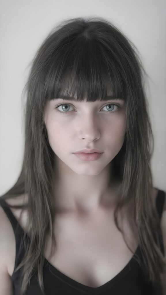 a (((professional black and white photograph))) featuring a gorgeous, young, slim, petite, and curvaceous silver skinned Emo girl with long and perfectly straight black hair and bangs, full lips, and with a serene expression. Her attire is a ((short cropped amber tank top, deep v-neck)), the photo captures her full face, with the focus on her eyes and innocent look that complements the advanced lighting and ultra realistic skin textures that make this photo truly breathtaking
