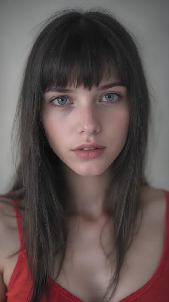 a (((professional black and white photograph))) featuring a gorgeous, young, slim, petite, and curvaceous silver skinned Emo girl with long and perfectly straight black super soft detailed hair and bangs, full lips, and with a serene expression. Her attire is a ((short cropped red tank top, deep v-neck)), the photo captures her full face, with the focus on her eyes and innocent look that complements the advanced lighting and ultra realistic skin textures that make this photo truly breathtaking, ((only her tank top is in color))