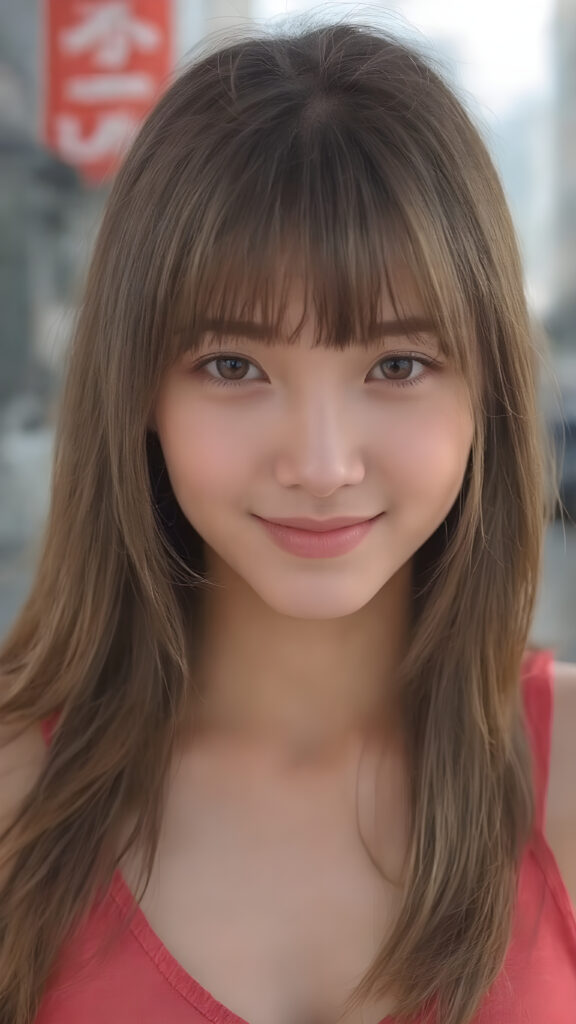 a (((professional 3D photograph))) featuring a gorgeous, young, slim, petite, and curvaceous silver skinned Japanese teen girl with long and perfectly straight (brown hair with golden strands) and bangs, full lips, and (((smiling into the camera))) with a serene expression. Her attire is a ((short cropped red tank top, deep v-neck)), the realistic photo captures her full face, all against a backdrop in the city, perfect light and shadows