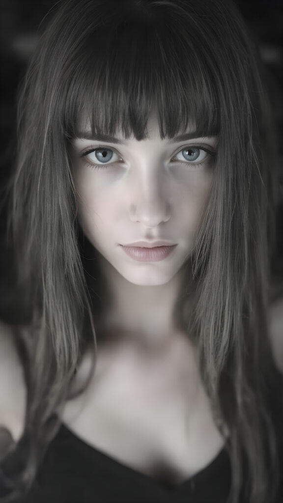 a (((professional black and white photograph))) featuring a gorgeous, young, slim, petite, and curvaceous silver skinned Emo girl with long and perfectly straight black hair and bangs, full lips, and with a serene expression. Her attire is a ((short cropped amber tank top, deep v-neck)), the photo captures her full face, with the focus on her eyes and innocent look that complements the advanced lighting and ultra realistic skin textures that make this photo truly breathtaking